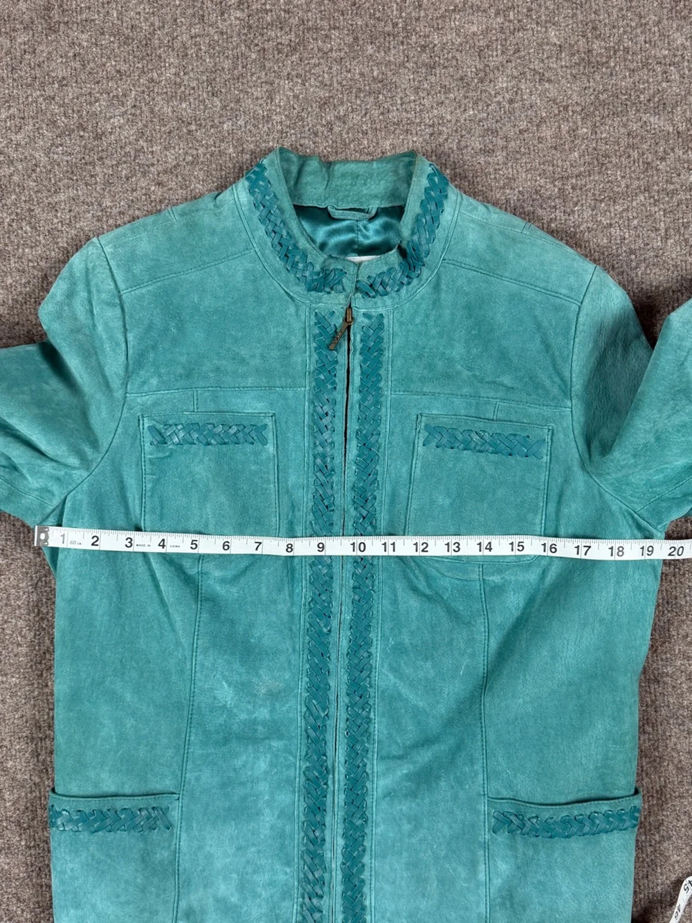 Y2K Bradley Teal Blue Suede Leather Jacket Women’s M Mandarin Collar Woven Trim - Picture 16 of 16